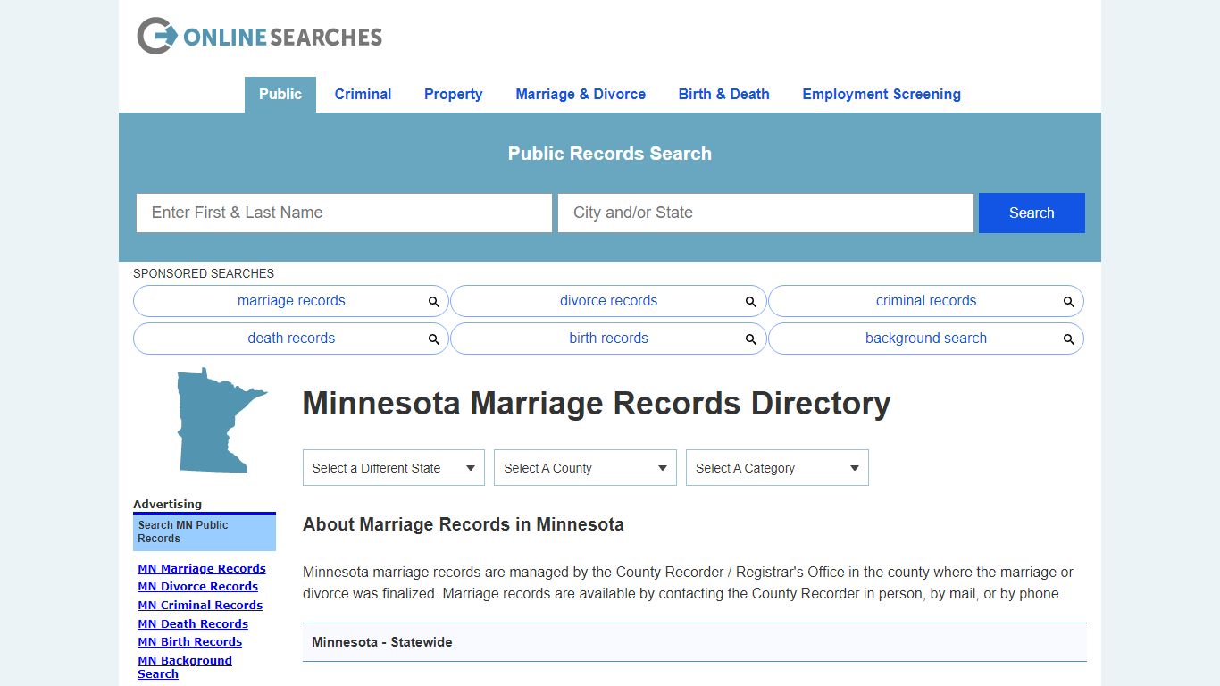 Minnesota Marriage Records Search Directory - OnlineSearches.com
